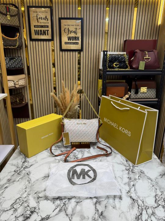 Michael Kor_s Pvc Jet Set Signature Monogram Crossbody Bag With Chain Strap Shoulder Strap With Box Carry Bag & Dust Bag (Beige)