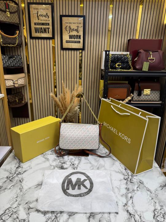 Michael Kor_s Pvc Jet Set Signature Monogram Crossbody Bag With Chain Strap Shoulder Strap With Box Carry Bag & Dust Bag (Beige)