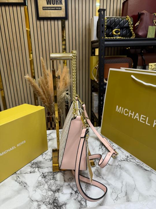 Michael Kor_s Pvc Jet Set Signature Monogram Crossbody Bag With Chain Strap Shoulder Strap With Box Carry Bag & Dust Bag (Pink)