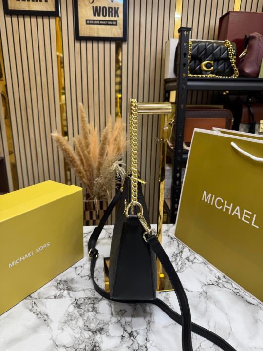 Michael Kor_s Pvc Jet Set Signature Monogram Crossbody Bag With Chain Strap Shoulder Strap With Box Carry Bag & Dust Bag (Black)