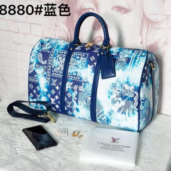 Loui_s Vuitton LV Keepall Bandouliere Monogram Bandana Blue Duffle Bag With Shoulder Strap