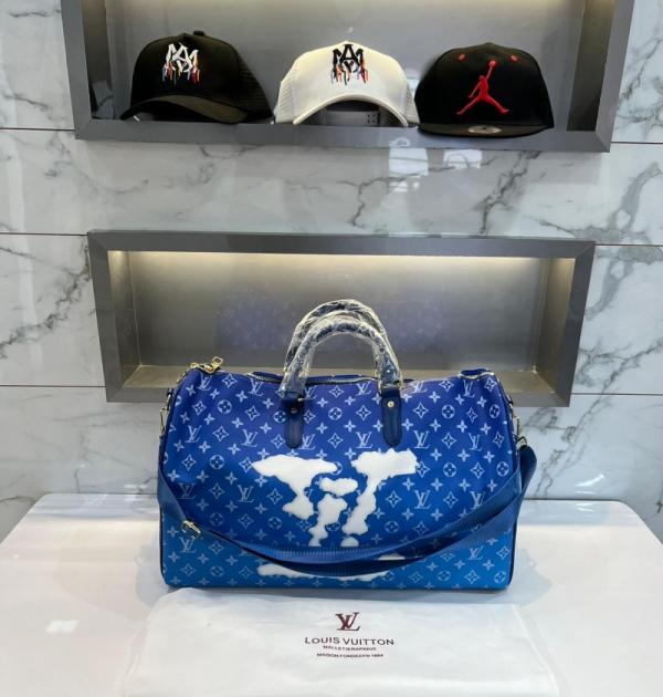 Loui_s Vuitton Keepall Bandouliere Blue Monogram Graphic Leather Duffle Bag