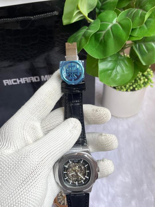 PATE K PHILIPPE AUTOMATIC LEATHER BELT BLACK SILVER BLACK AT288