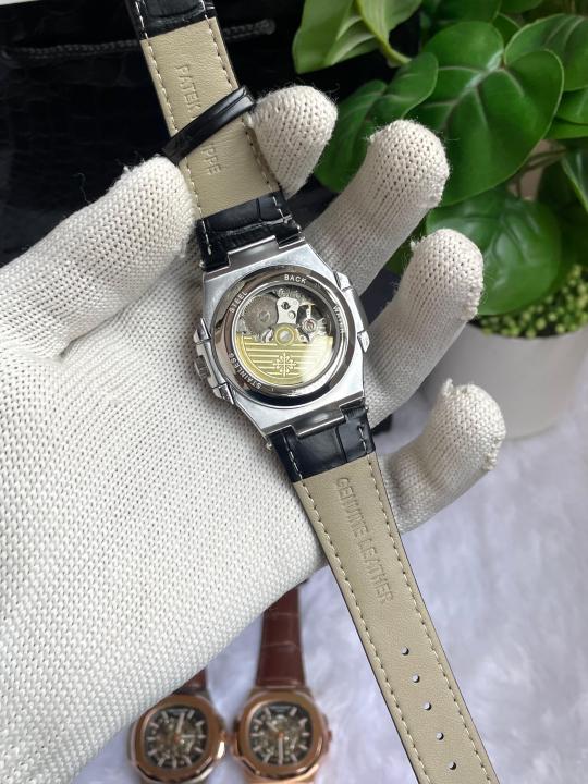 PATE K PHILIPPE AUTOMATIC LEATHER BELT BLACK SILVER BLACK AT288