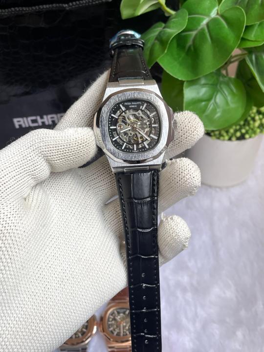 PATE K PHILIPPE AUTOMATIC LEATHER BELT BLACK SILVER BLACK AT288