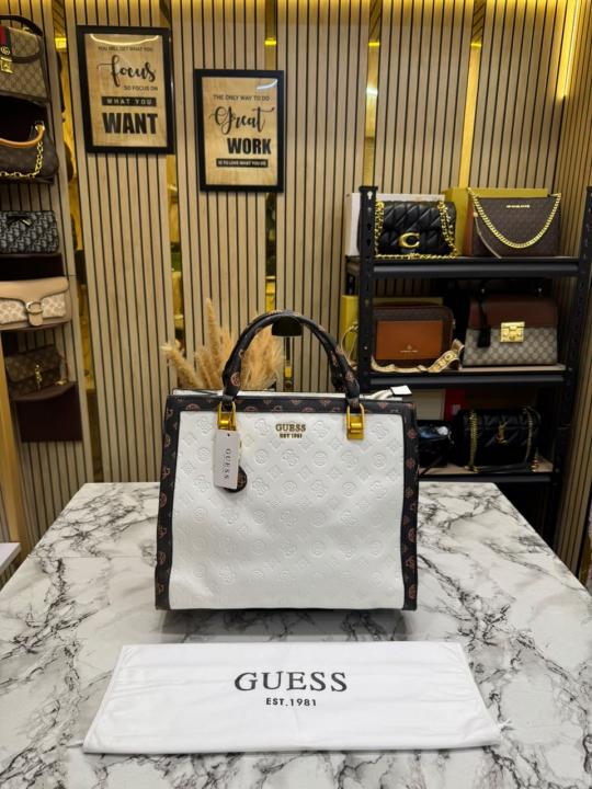 GUESS ELAVATE EMBOSSED TOTE WITH DUST BAG PREMIUM QUALITY (WHITE)