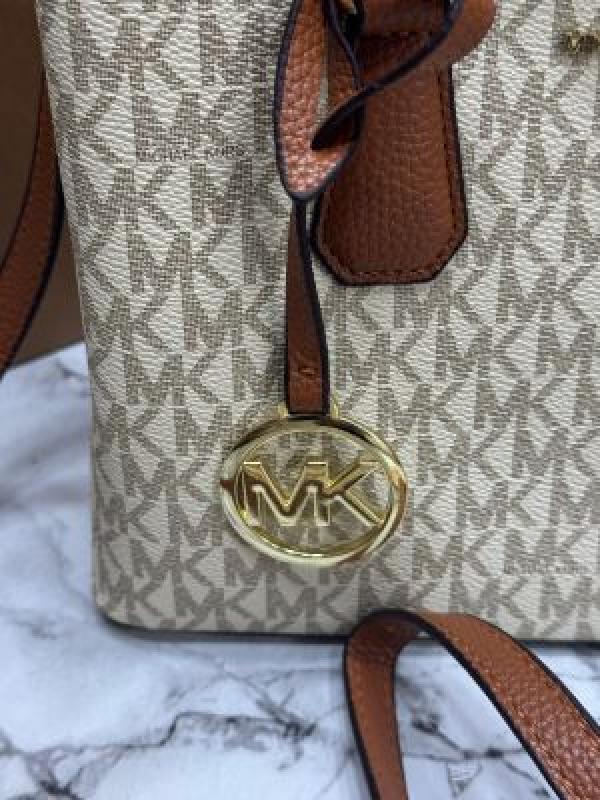 michae_l kors Camille Satchel Hand Bag In Signature logo-print Canvas With Double Og Box And Dust Bag (Beige Brown)