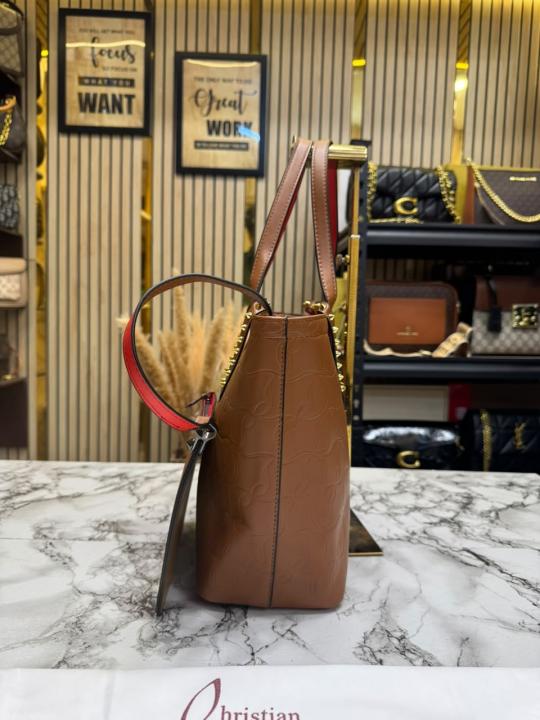 Christia_n Louboutin Embossed Leather Tote Bag With Pouch & Dust Bag (Brown) (66376)