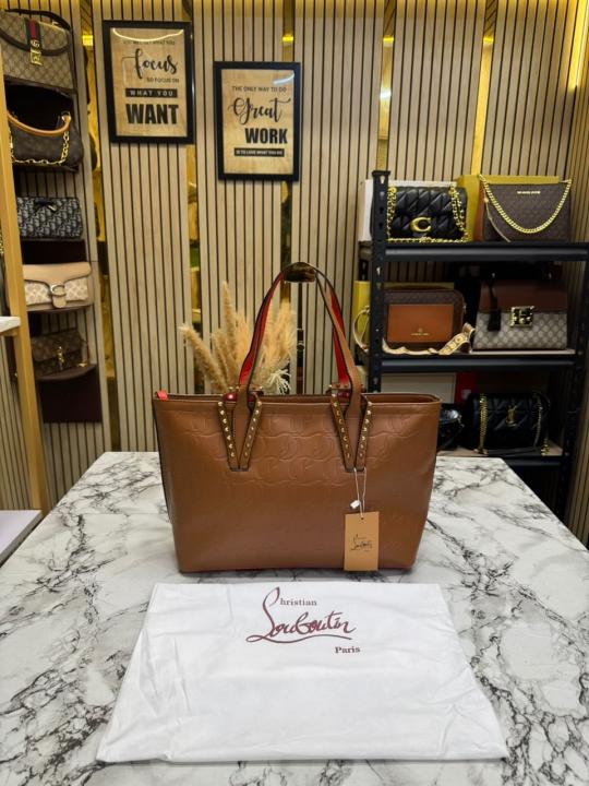 Christia_n Louboutin Embossed Leather Tote Bag With Pouch & Dust Bag (Brown) (66376)