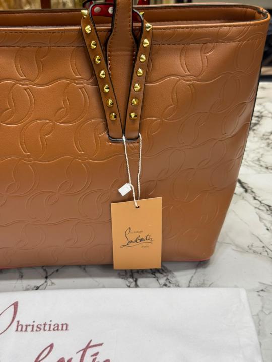 Christia_n Louboutin Embossed Leather Tote Bag With Pouch & Dust Bag (Brown) (66376)