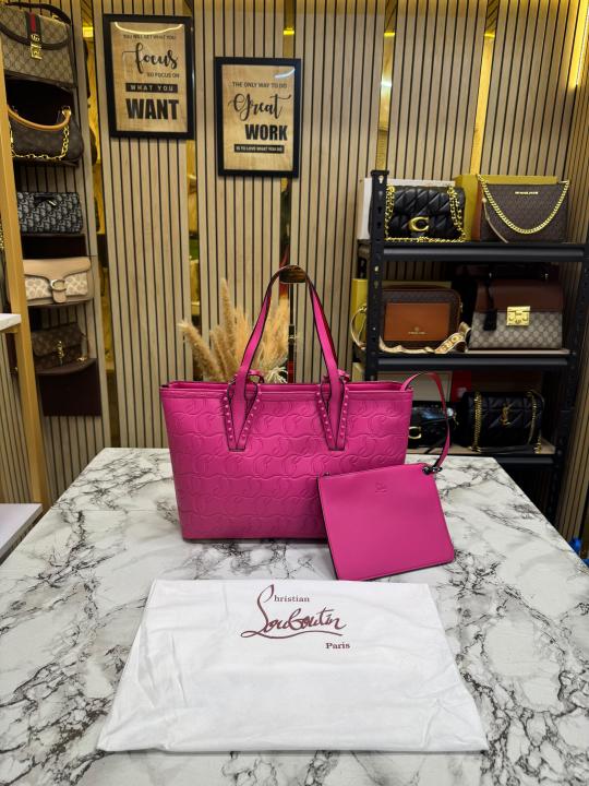 Christia_n Louboutin Embossed Leather Tote Bag With Pouch & Dust Bag (Brown) (66376)