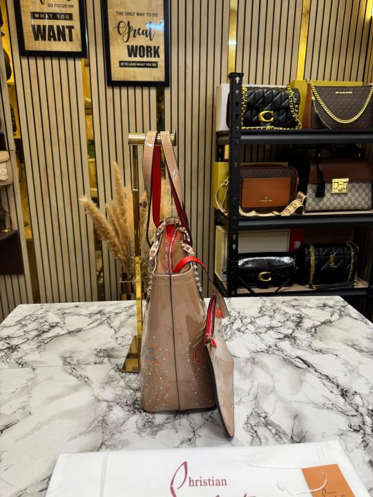 Christia_n Louboutin Cabata Patent Leather Graphic Tote Bag With Pouch & Dust Bag (66375) (Beige)