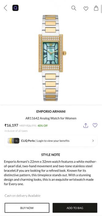 EMPORIO ARMA I WOMENS GENNIE AR11642 ANALOG WATCH 416
