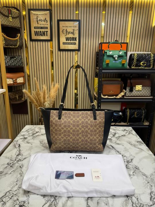 Coac_h City Signature Canvas Tote Bag With Dust Bag (Apricot-Black) (361)