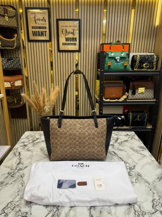 Coac_h City Signature Canvas Tote Bag With Dust Bag (Apricot-Black) (361)