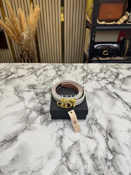 Gucc_i Double G Leather Belt With Gold Buckle (White)