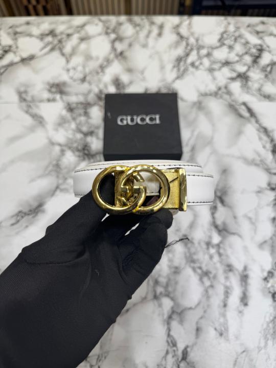 Gucc_i Double G Leather Belt With Gold Buckle (White)