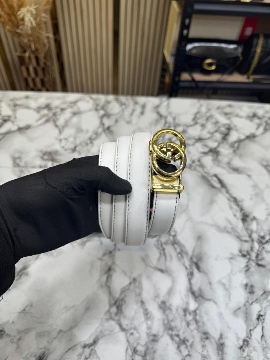 Gucc_i Double G Leather Belt With Gold Buckle (White)