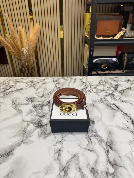 Gucc_i Double G Leather Belt With Gold Buckle (Brown)