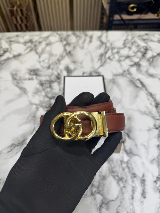 Gucc_i Double G Leather Belt With Gold Buckle (Brown)