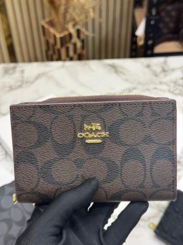 Coac_h Signature Coated Canvas Zip-Around Mini Wallet With Box (Coffee) (AAA1999)