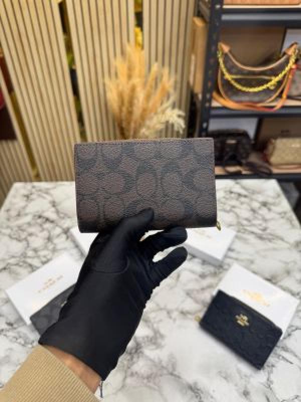 Coac_h Signature Coated Canvas Zip-Around Mini Wallet With Box (Coffee) (AAA1999)