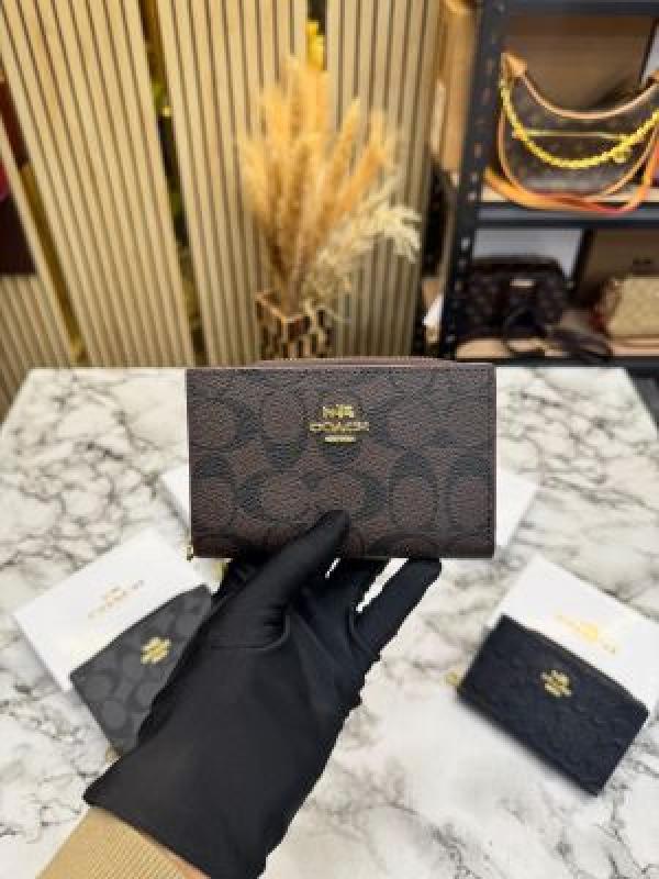 Coac_h Signature Coated Canvas Zip-Around Mini Wallet With Box (Coffee) (AAA1999)