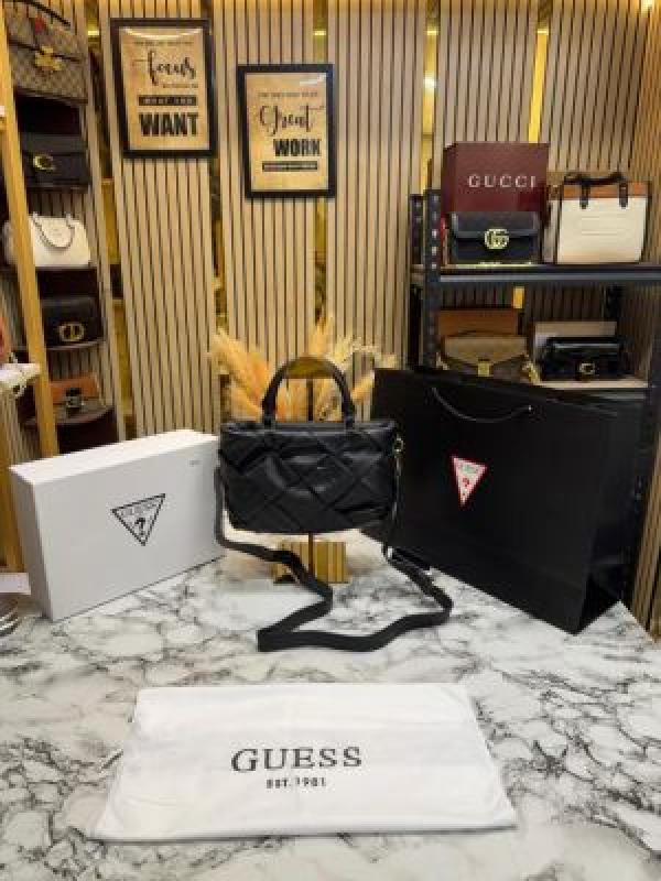 Guess Zaina Textured Structured HandBag With Box And Dust Bag Including Carry Bag (Black)