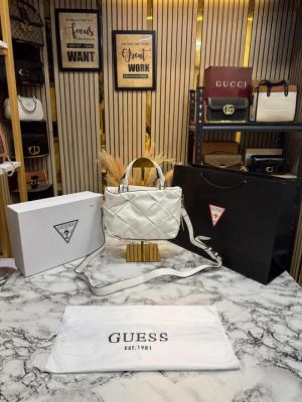 Guess Zaina Textured Structured HandBag With Box And Dust Bag Including Carry Bag (White)