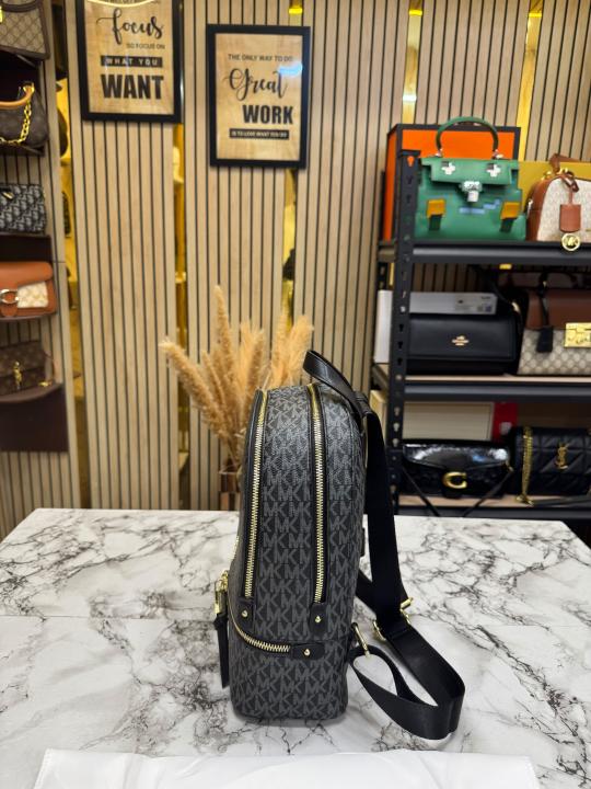 Michael Kor_s Rhea Signature Black Monogram Backpack With Double Zip Compartments (13003)
