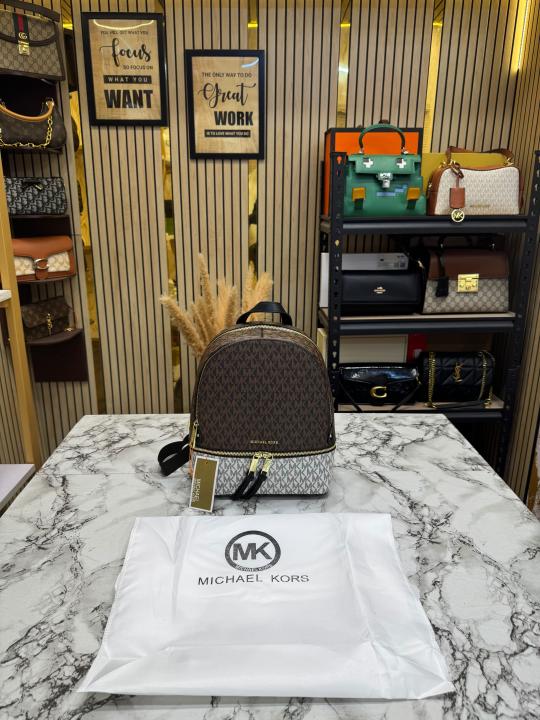 Michael Kor_s Rhea Signature Two Tone Monogram Backpack With Double Zip Compartments (13003)