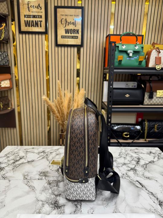 Michael Kor_s Rhea Signature Two Tone Monogram Backpack With Double Zip Compartments (13003)