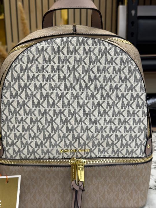 Michael Kor_s Rhea Signature Two Tone Monogram Backpack With Double Zip Compartments (13003)