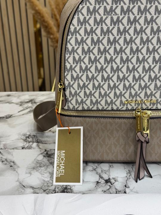 Michael Kor_s Rhea Signature Two Tone Monogram Backpack With Double Zip Compartments (13003)