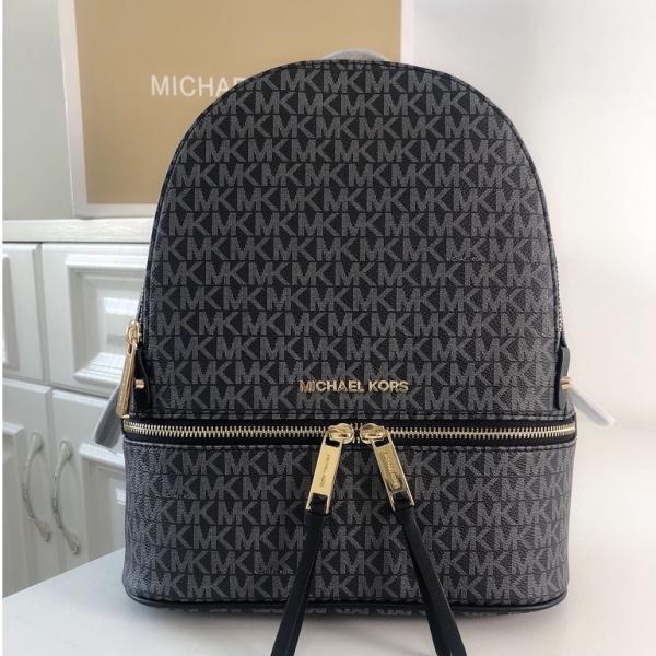 Michael Kor_s Rhea Signature Black Monogram Backpack With Double Zip Compartments (13003)