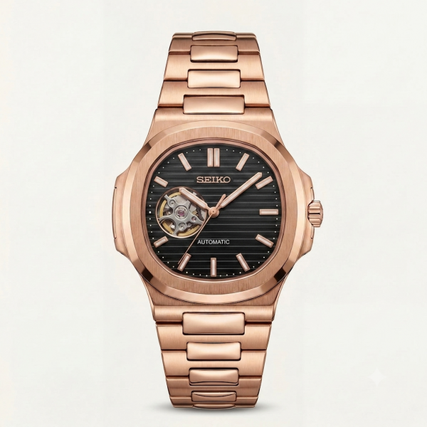 Seiko Mens Automatic Open Heart Rosegold Black