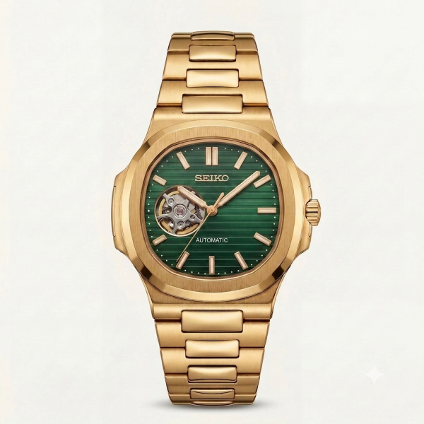 Seiko Mens Automatic Open Heart Gold Green