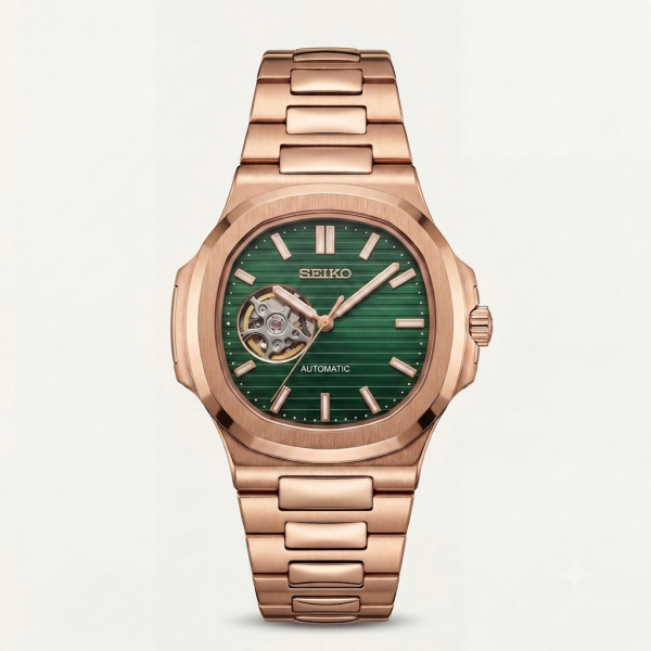 Seiko Mens Automatic Open Heart Rosegold Green