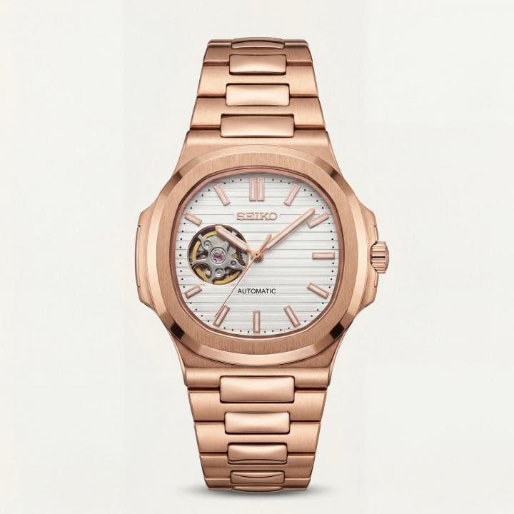 Seiko Mens Automatic Open Heart Rosegold White