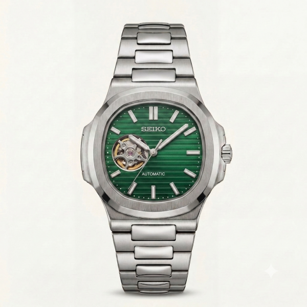 Seiko Mens Automatic Open Heart Silver Green