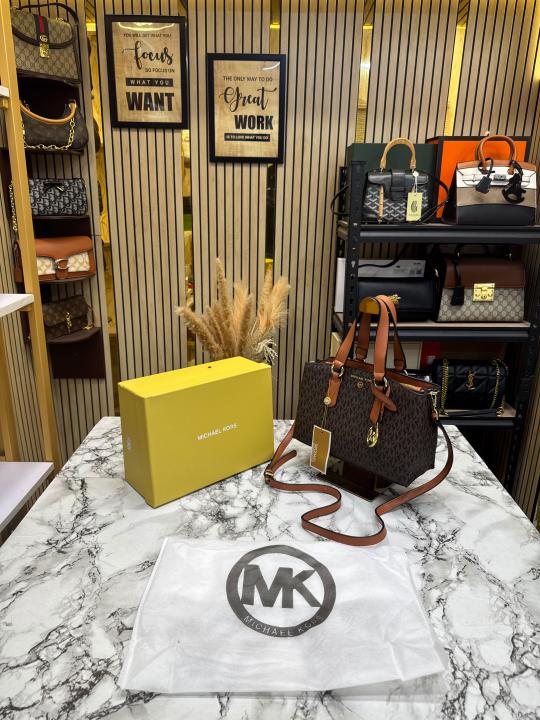 Michael Kor_s Emma Signature MK Satchel Tote With Shoulder Strap (Brown)