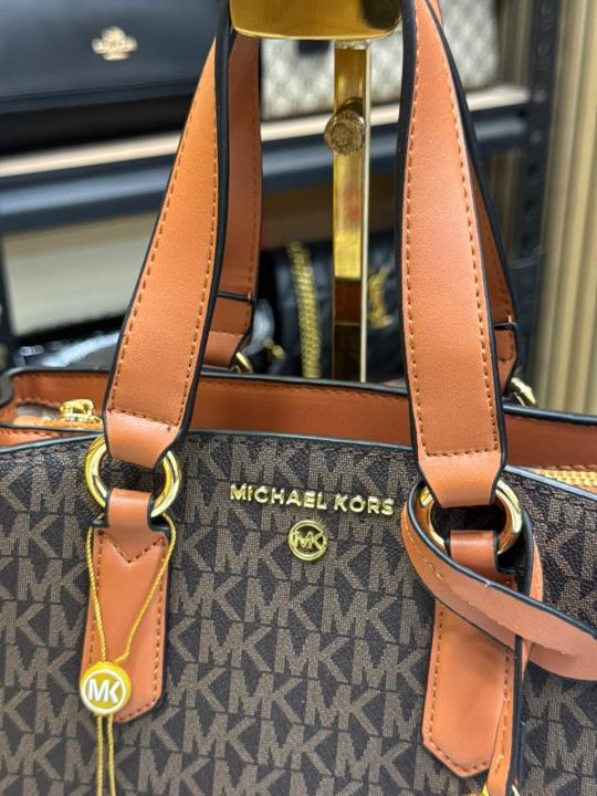 Michael Kor_s Emma Signature MK Satchel Tote With Shoulder Strap (Brown)