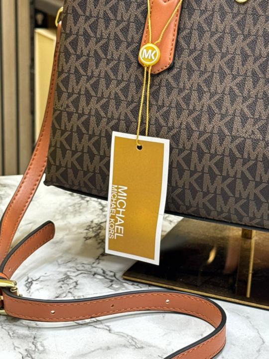 Michael Kor_s Emma Signature MK Satchel Tote With Shoulder Strap (Brown)