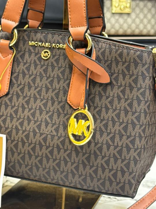 Michael Kor_s Emma Signature MK Satchel Tote With Shoulder Strap (Brown)