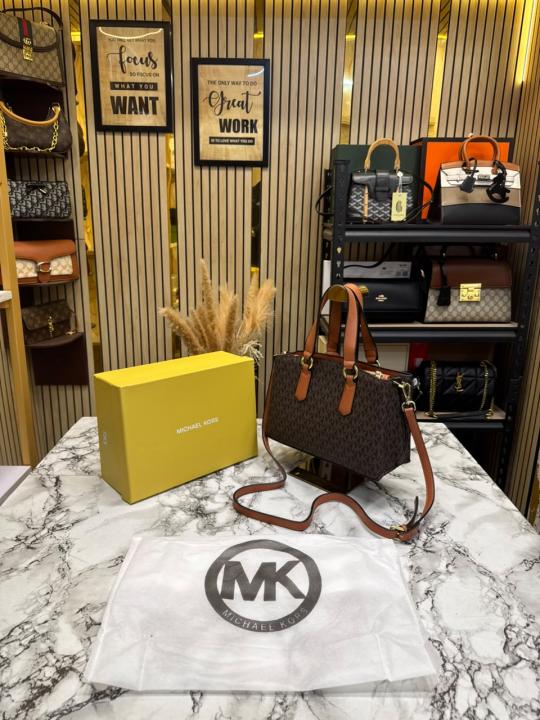 Michael Kor_s Emma Signature MK Satchel Tote With Shoulder Strap (Brown)