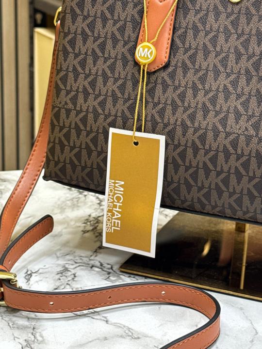 Michael Kor_s Emma Signature MK Satchel Tote With Shoulder Strap (Brown)