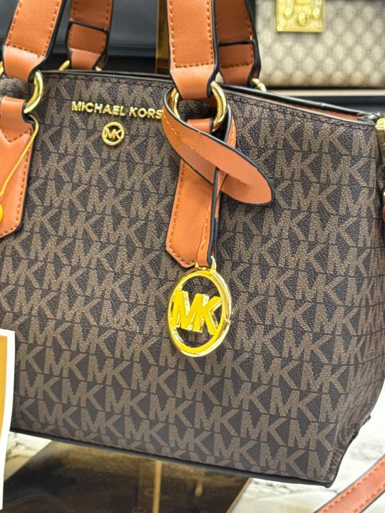 Michael Kor_s Emma Signature MK Satchel Tote With Shoulder Strap (Brown)