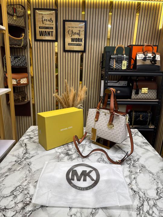 Michael Kor_s Emma Signature MK Satchel Tote With Shoulder Strap With Box And Dust Bag (Beige)