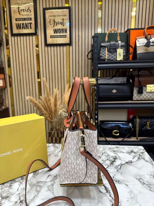 Michael Kor_s Emma Signature MK Satchel Tote With Shoulder Strap With Box And Dust Bag (Beige)