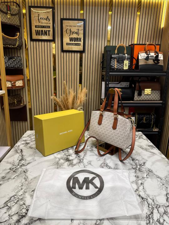 Michael Kor_s Emma Signature MK Satchel Tote With Shoulder Strap With Box And Dust Bag (Beige)
